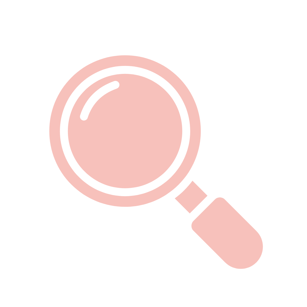 A pink magnifying glass icon