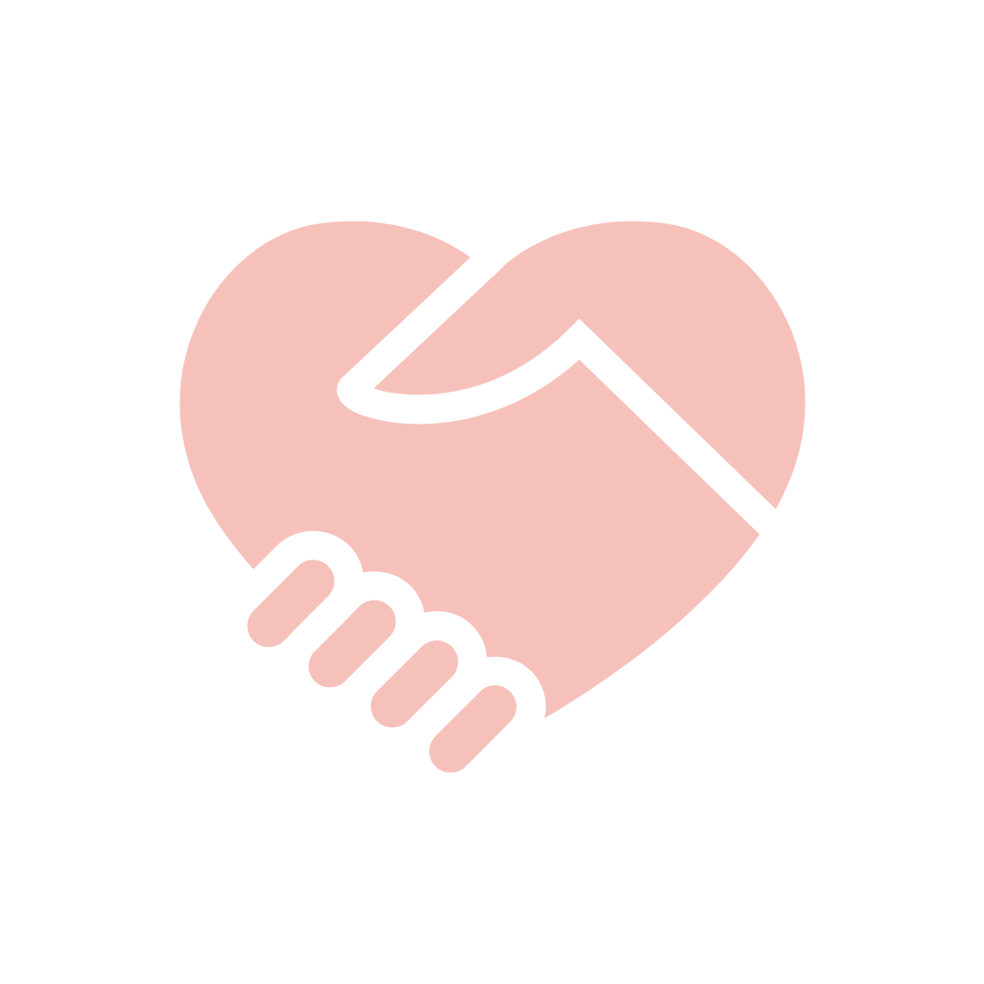 Illustration of a pink heart being embraced by two clasped hands, symbolizing care and compassion.