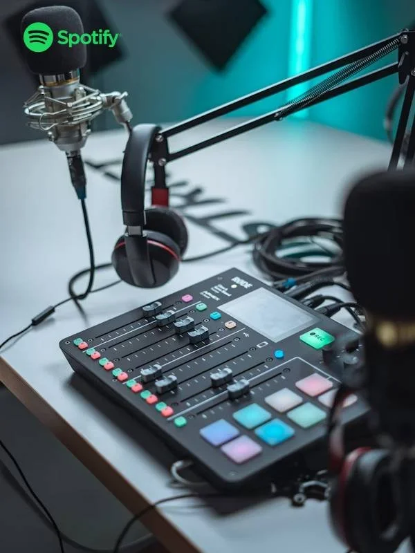 Podcast recording studio setup with a mixing console, headphones, microphone, and a Spotify logo in the background.