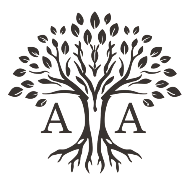 A black and gray logo featuring a stylized tree with leaves and roots, with the letter 'A' on both sides of the tree.