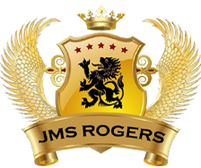 A crest with a gold shield featuring a black lion, surrounded by gold wings and laurel leaves, crowned at the top, with a gold banner reading 'JMS ROGERS' at the bottom.