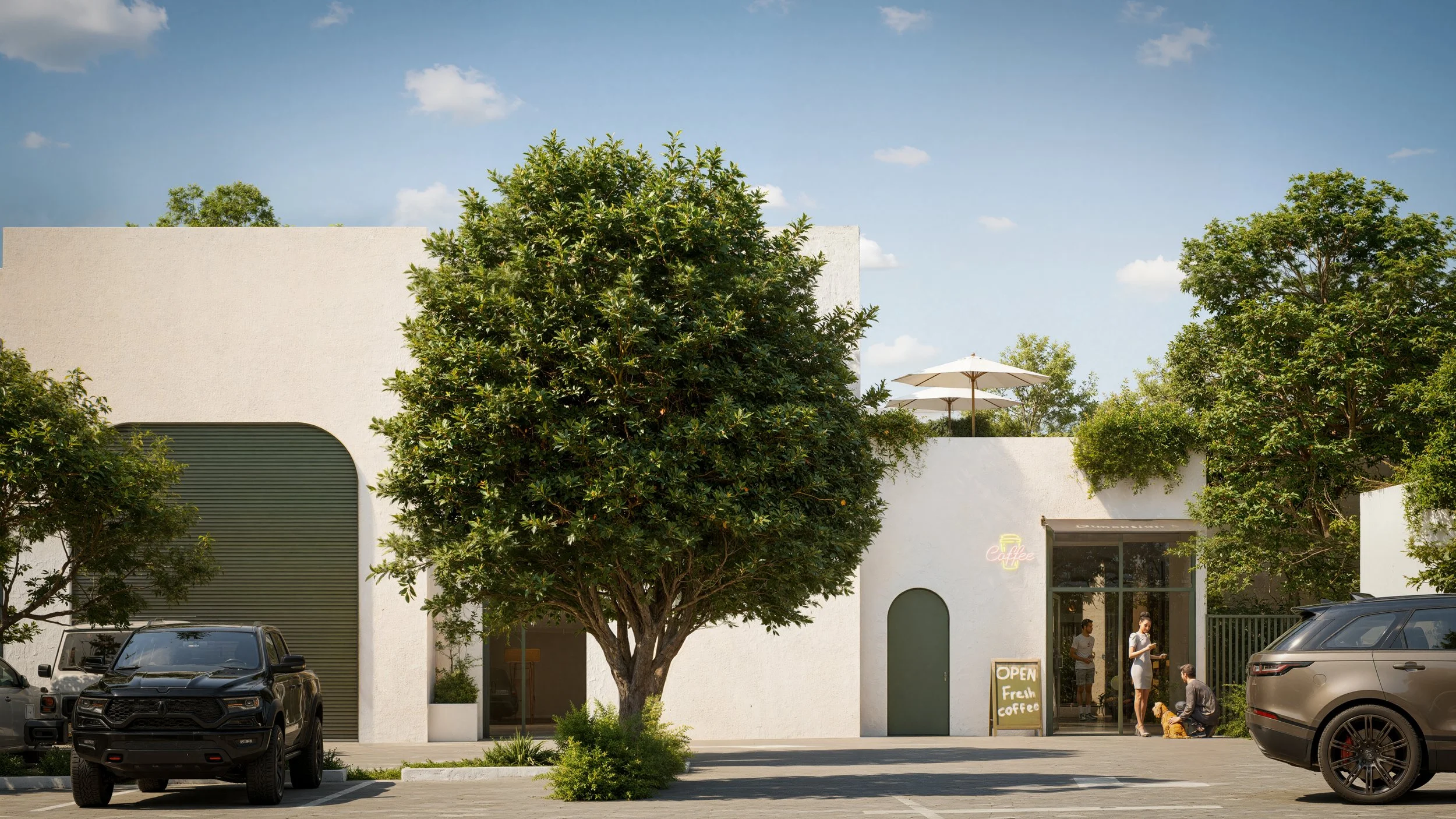 Modern white building with large trees and a parking lot in front, people entering a coffee shop on the right side, neon sign that says "Coffee" and a chalkboard sign that says "Open Fresh Coffee" outside.