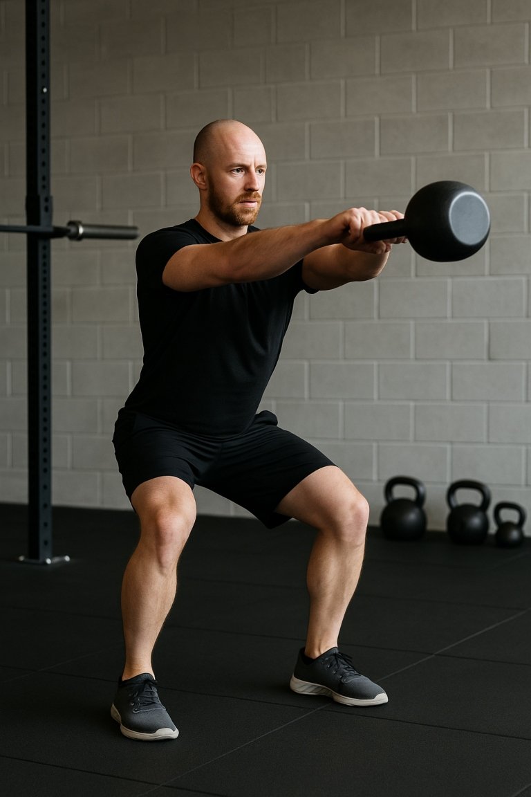 Coach demonstrating proper kettlebell swing technique in a gym to show correct form for beginners.