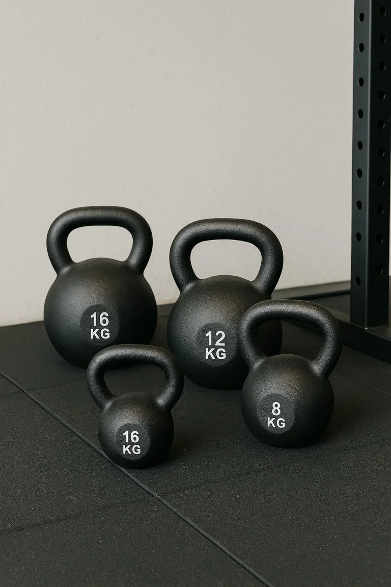 Kettlebells of various weights arranged in a home gym to illustrate kettlebell training equipment.