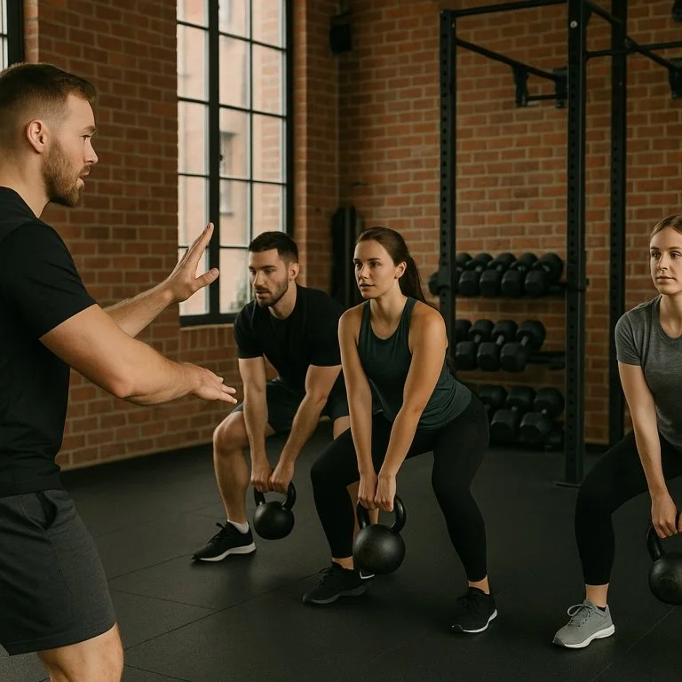 Group kettlebell fitness class in Liverpool with a coach guiding technique and form.