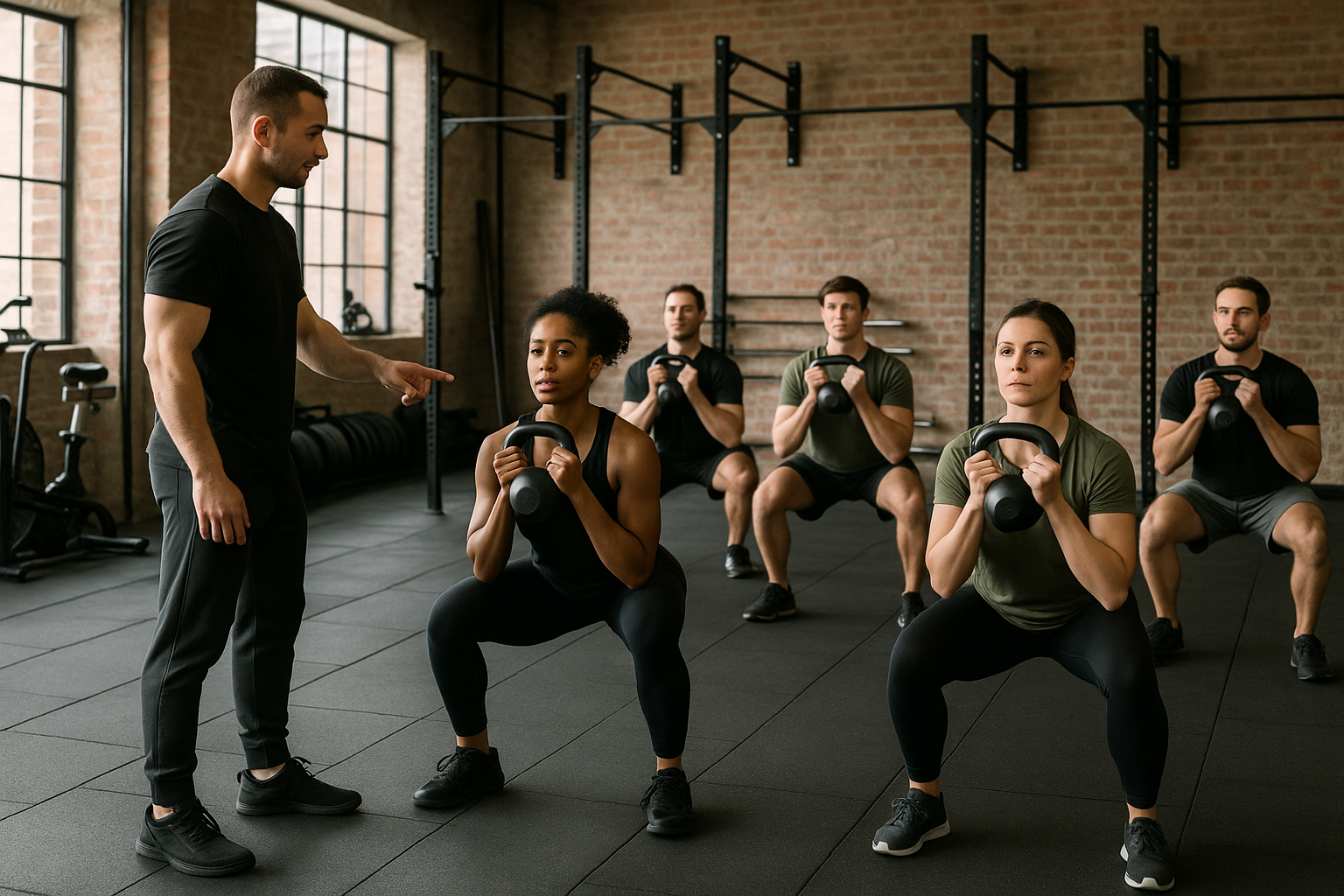 Small group kettlebell class in a Liverpool gym, with a coach guiding participants through goblet squats during a beginner-friendly session.