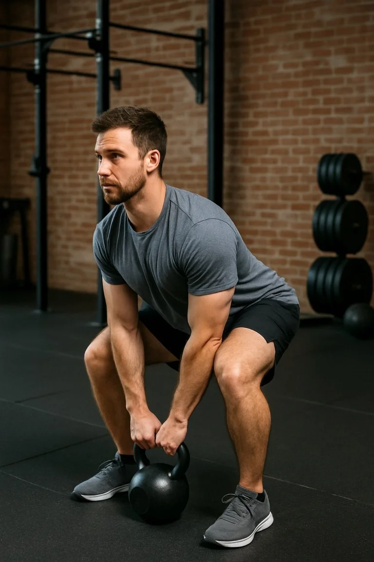 Proper starting position for a beginner kettlebell deadlift showing hip hinge form.
