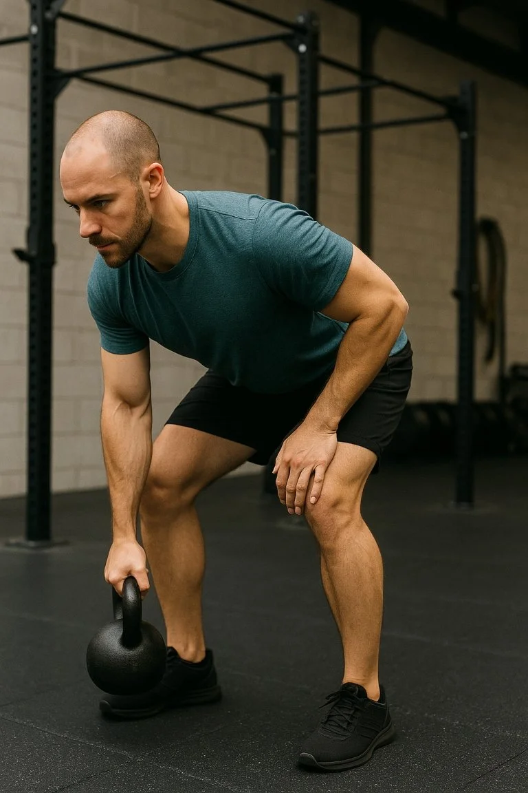 Correct bent-over kettlebell row technique with back straight and core braced.