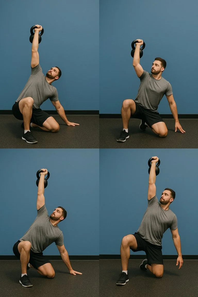 Step-by-step Turkish get-up progression using a kettlebell for beginners.
