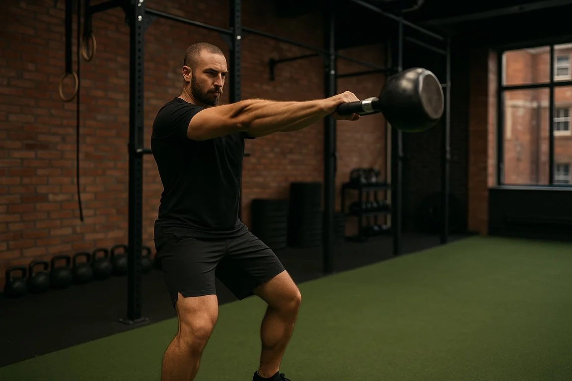Trainer performing a powerful kettlebell swing inside a Liverpool functional fitness gym.