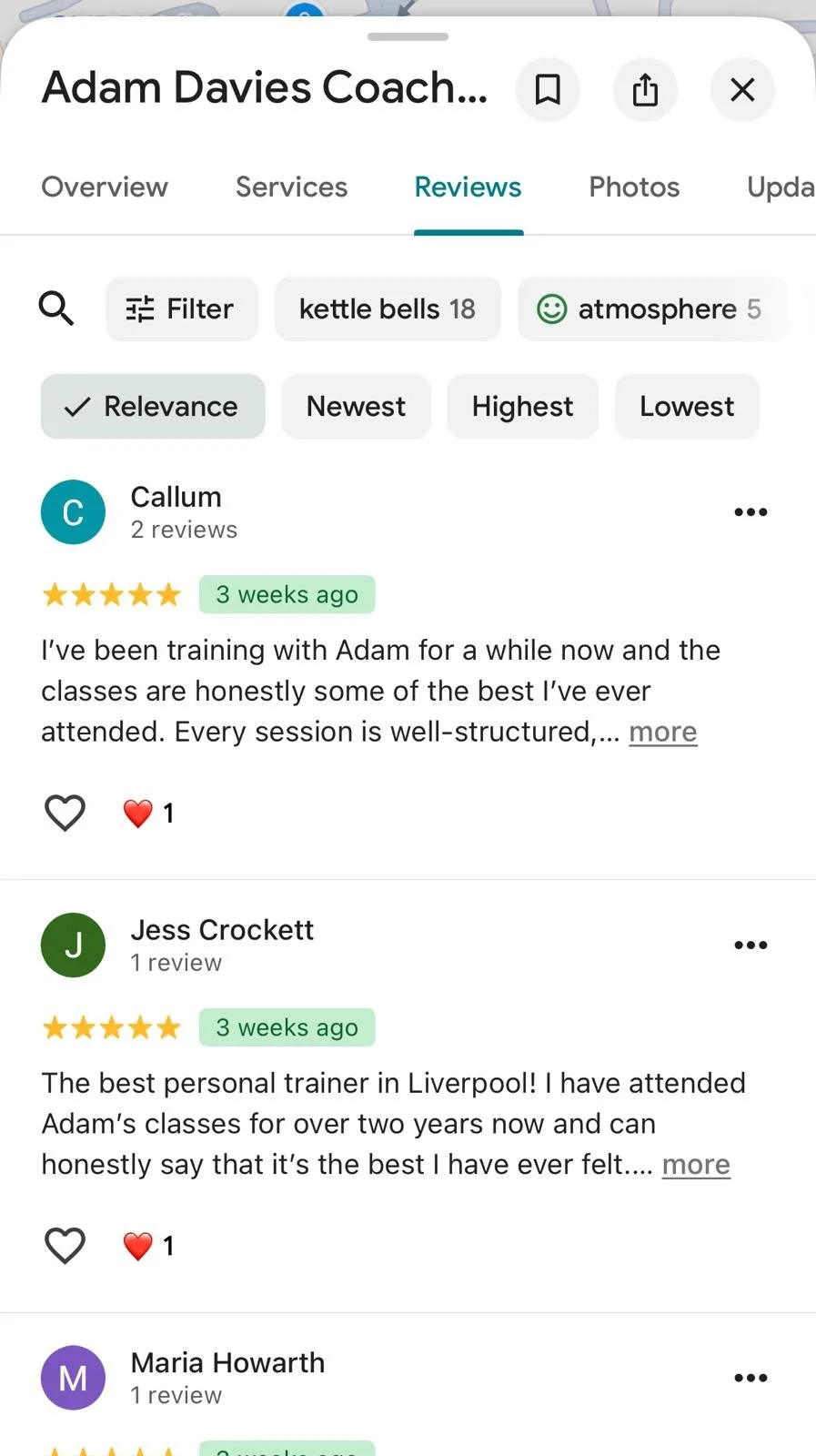 Google reviews for Adam Davies Coach showing five-star ratings and positive client feedback about personal training sessions and classes in Liverpool