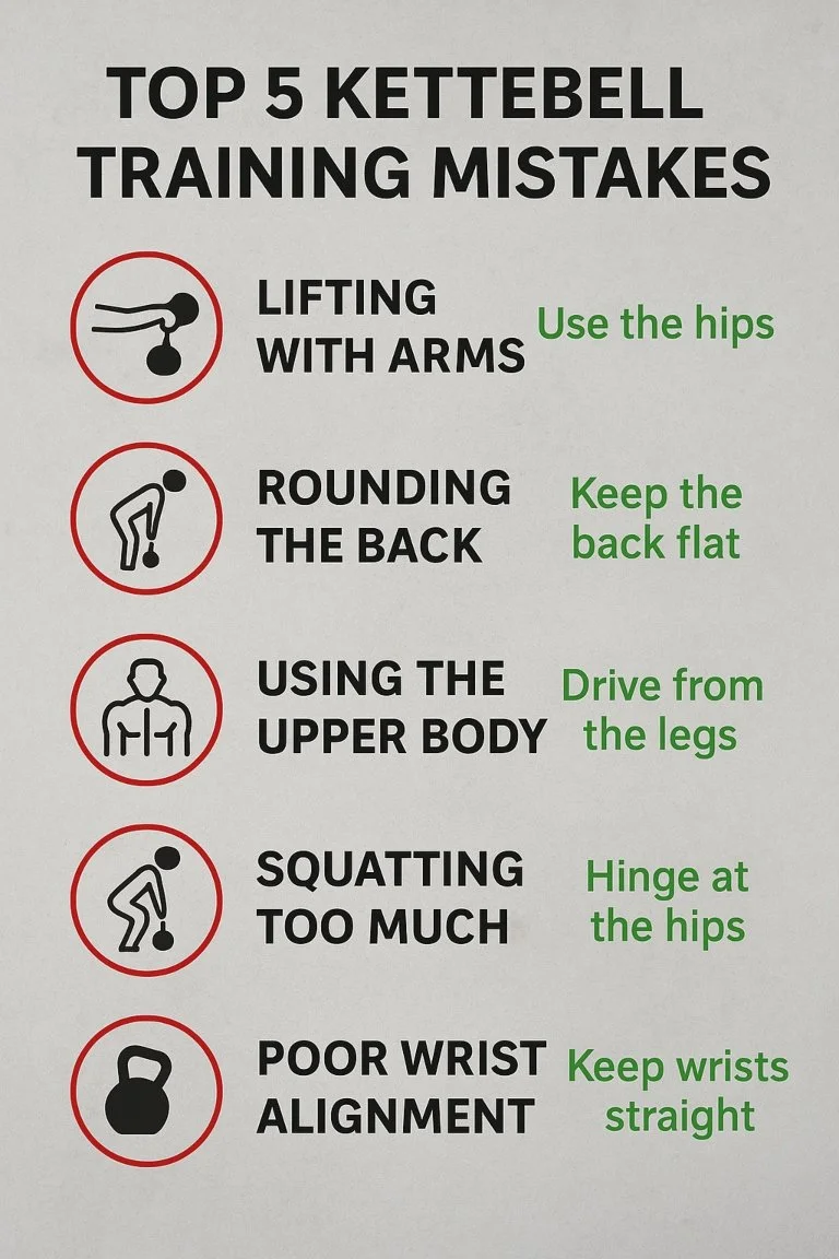 Infographic listing the top five kettlebell training mistakes with icons and simple corrective cues.