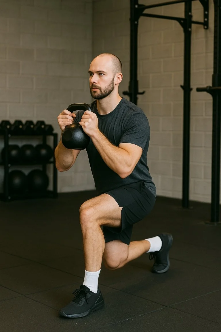 Kettlebell goblet reverse lunge with strong posture and balanced movement.