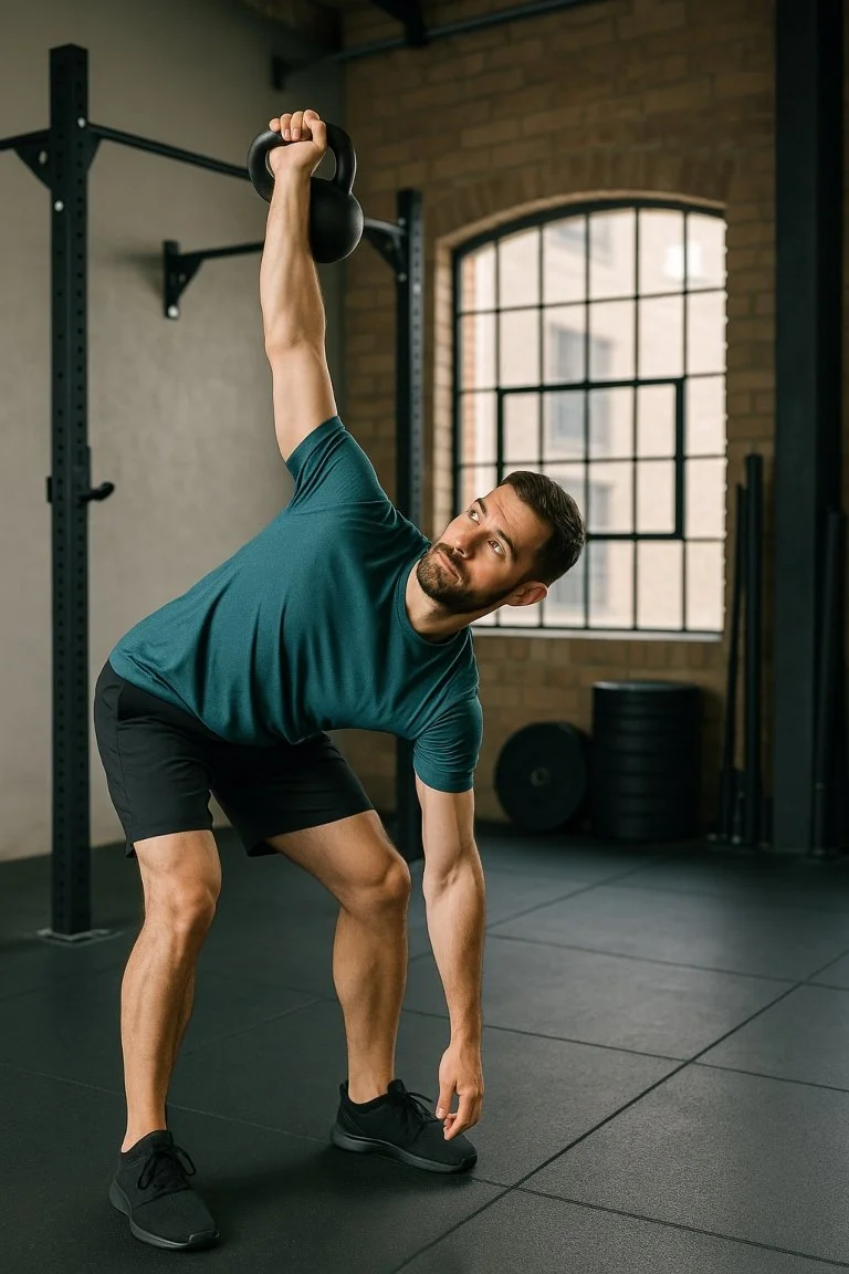 Kettlebell windmill showcasing shoulder stability and hip mobility for beginners.