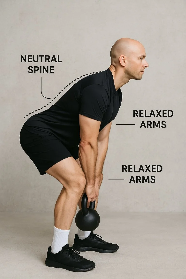 Diagram showing correct kettlebell hip hinge form with labelled cues like neutral spine, hips back, and relaxed arms.