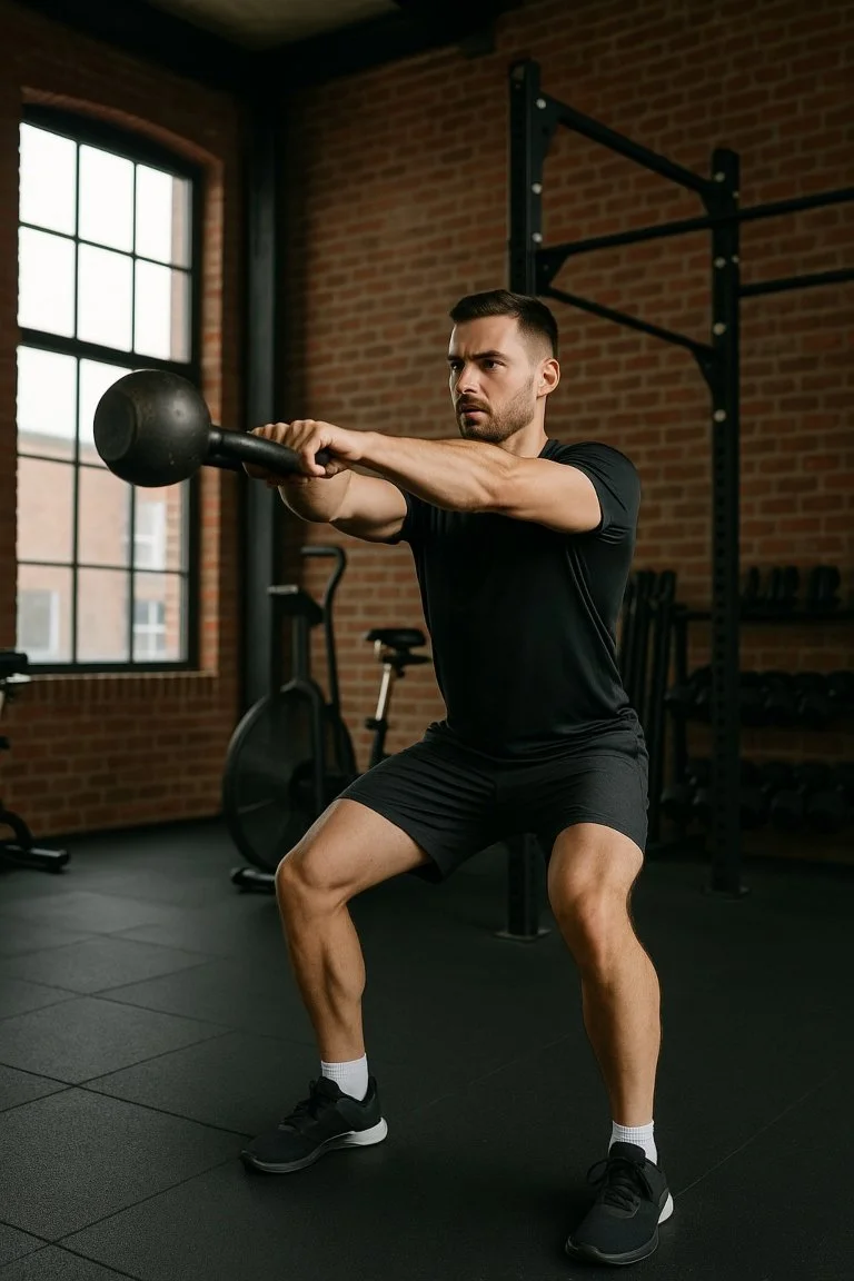 Person performing a kettlebell swing in a Liverpool gym, showcasing strength and full-body training.