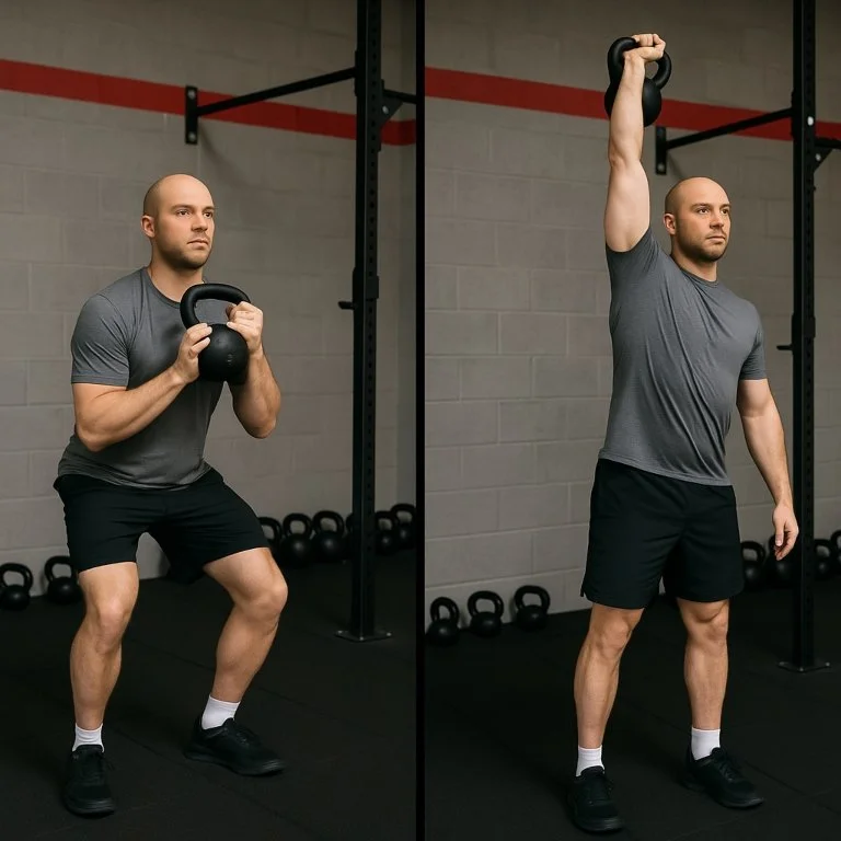 Kettlebell clean and press sequence demonstrating proper rack and overhead mechanics.