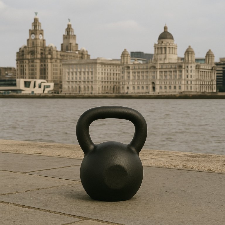 Kettlebell placed in front of the Liverpool waterfront, symbolising strength training in the city.