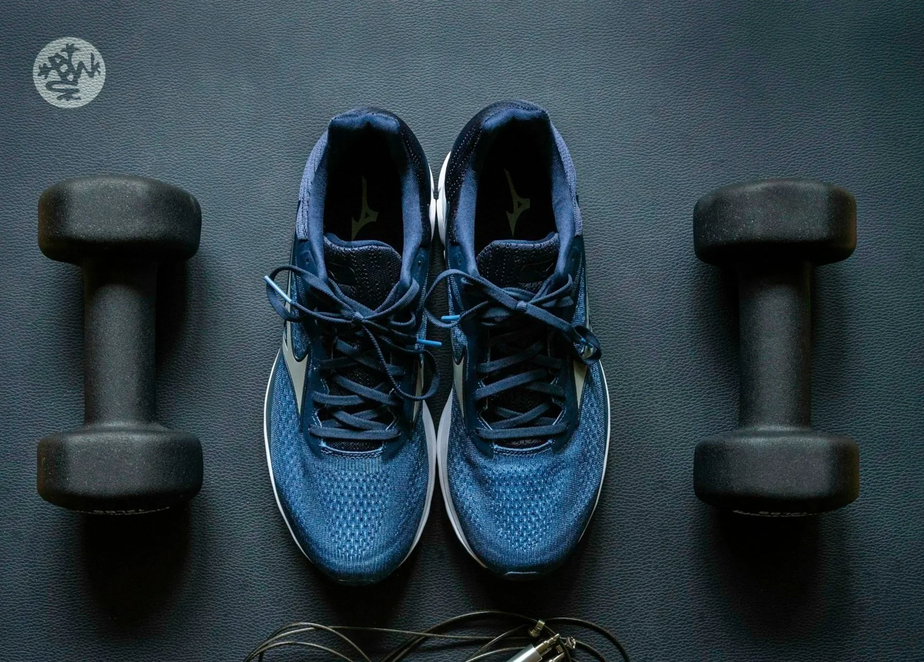 Pair of blue running shoes placed between two dumbbells on a gym floor.