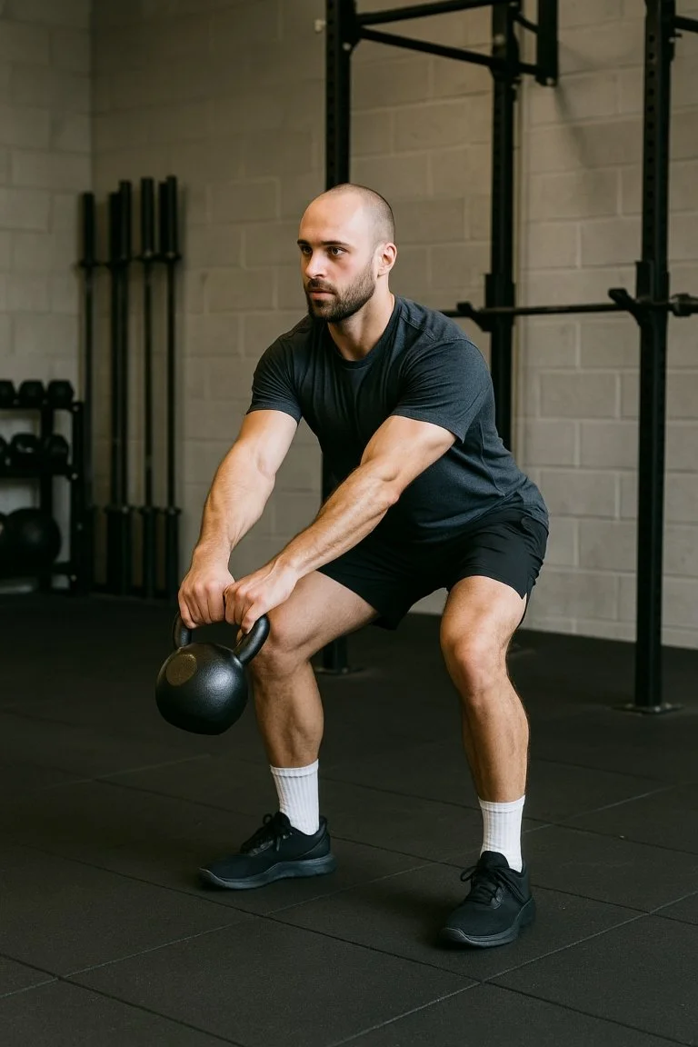 Two-hand kettlebell swing performed by beginner demonstrating explosive hip drive.