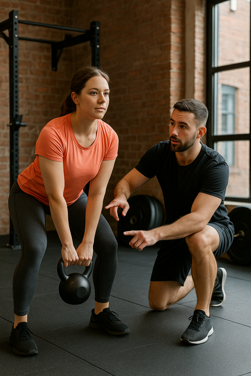 Fitness trainer coaching a beginner woman through a kettlebell swing in a Liverpool gym, demonstrating proper hip-hinge form.