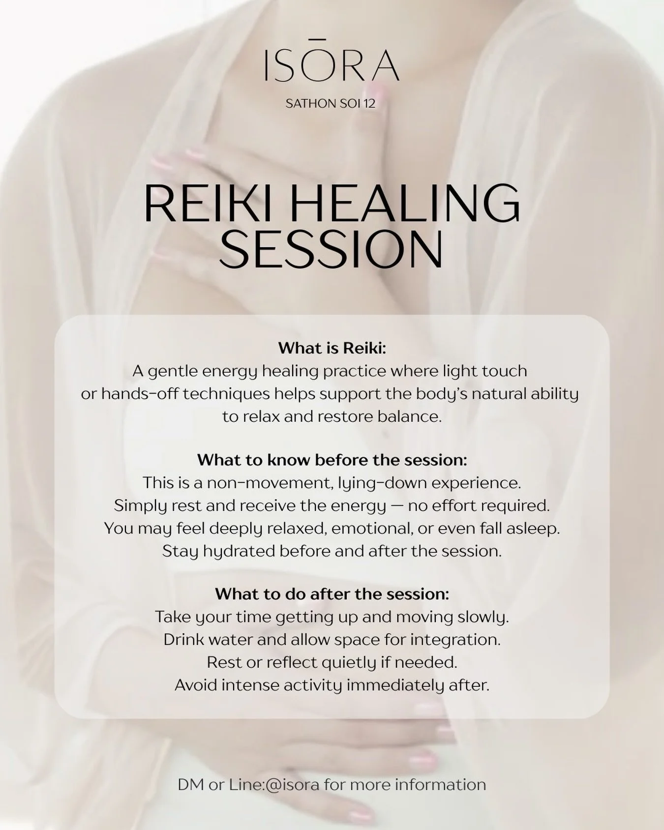 Reiki &mdash; gentle energy healing to restore balance, calm the mind, and support inner harmony. 🌿

Lovingly guided by our experienced healers
@sevenhaven_reiki 
@krucha.yoga 
@nadamayoga 

DM or Line: @isora for more information.