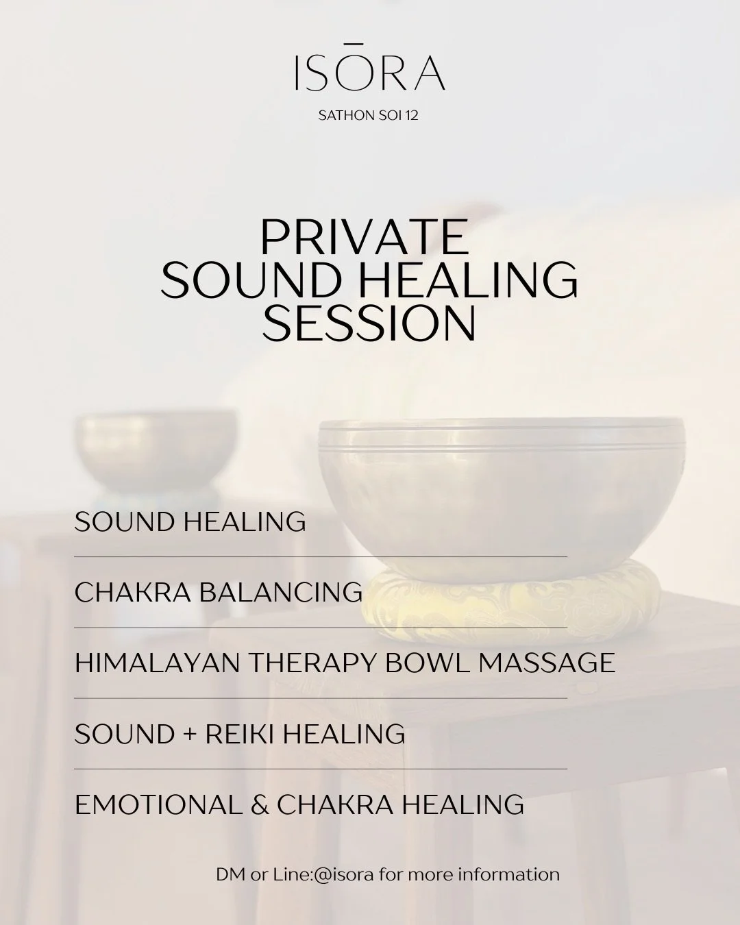 Private sound healing for the inner you ✨ &mdash; 
a private space to rest, release, and gently unblock what no longer serves you.

Guided by 
@krucha.yoga 
@nadamayoga 
@soulglowwithmai 
@serehealing 

DM or Line: @isora for more information