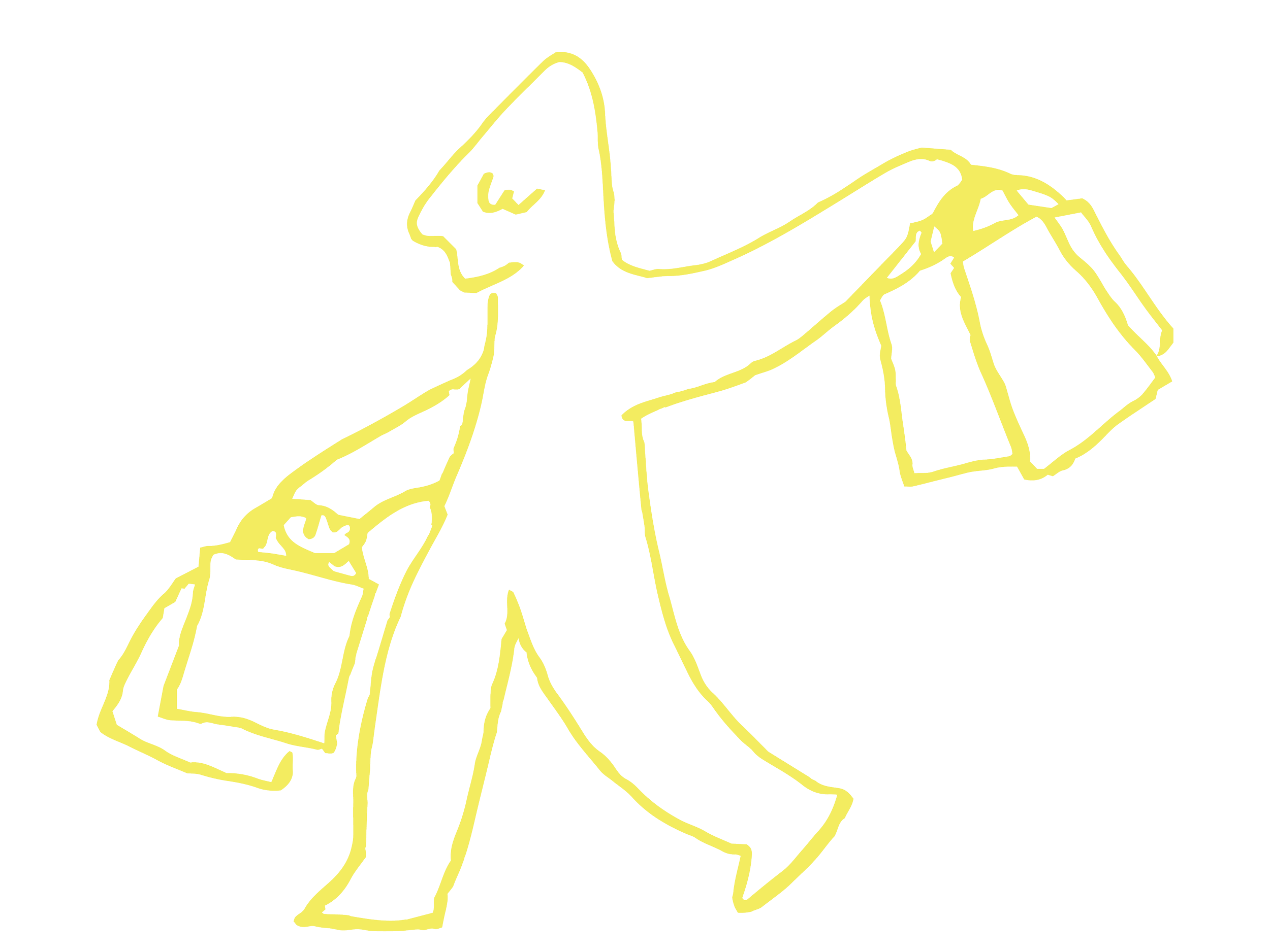 Yellow line drawing of a person walking and carrying shopping bags in each hand.