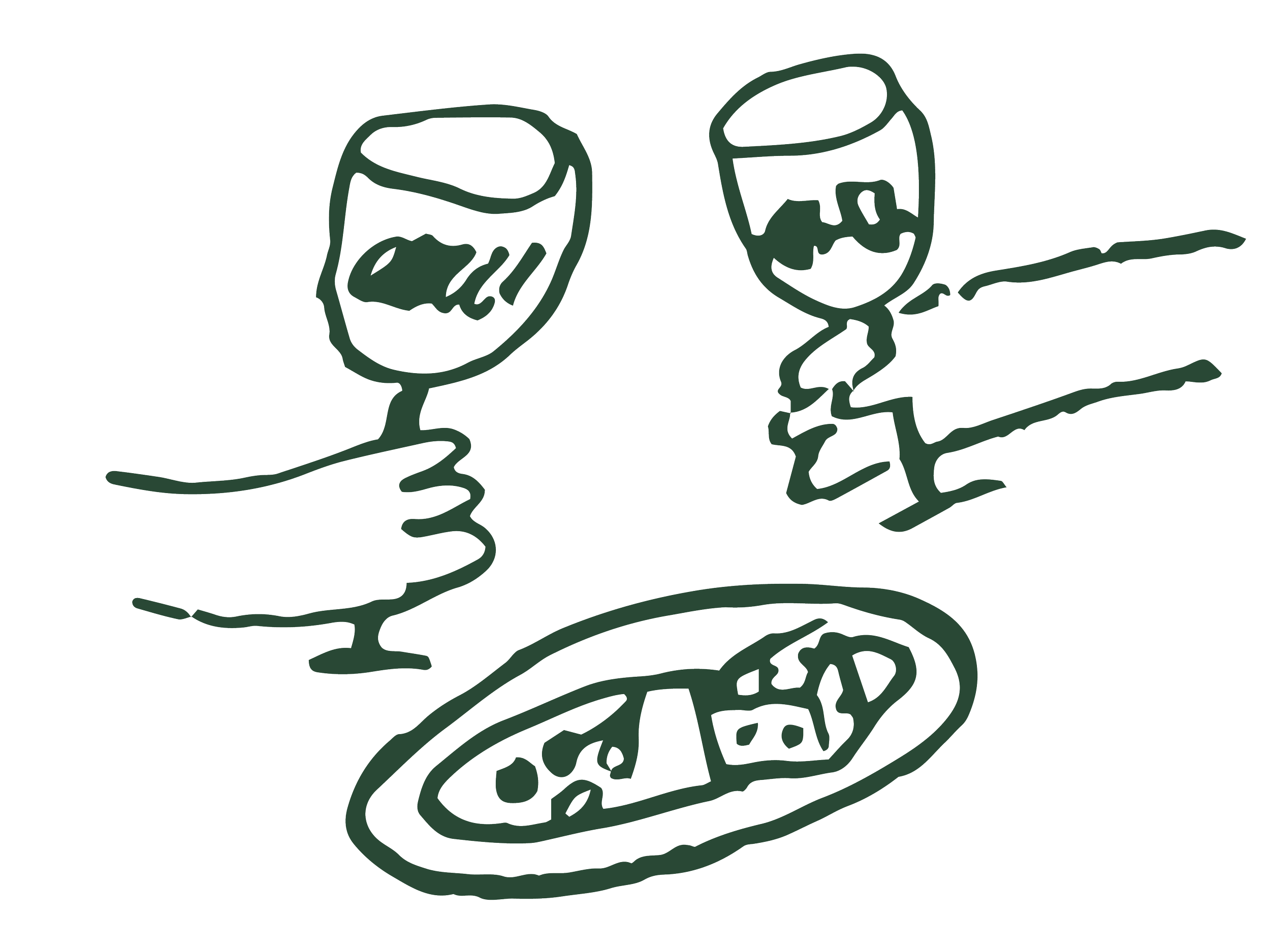 Line drawing of two glasses of red wine, placed on a surface, with a casual style.