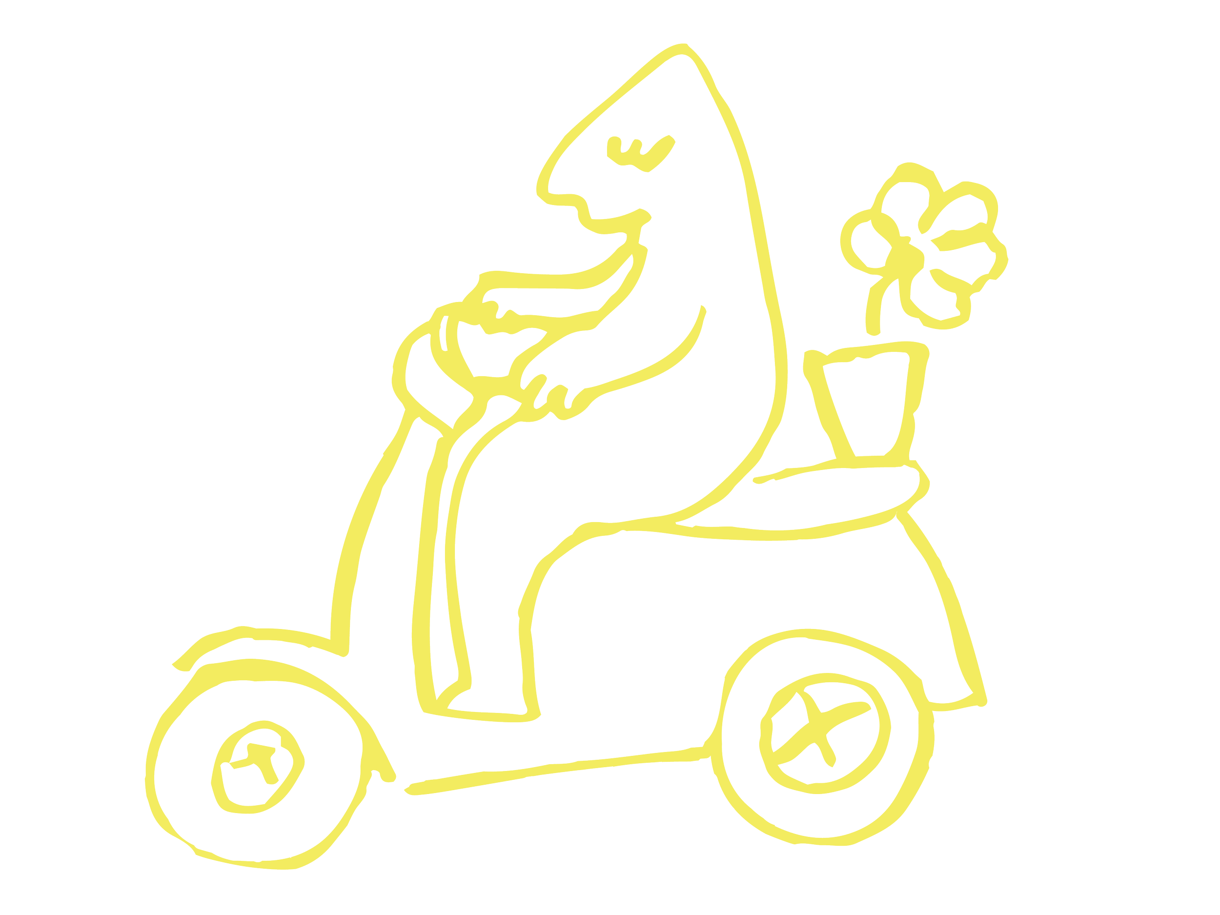 A line drawing of a person riding a scooter with a flower in a pot on the back.