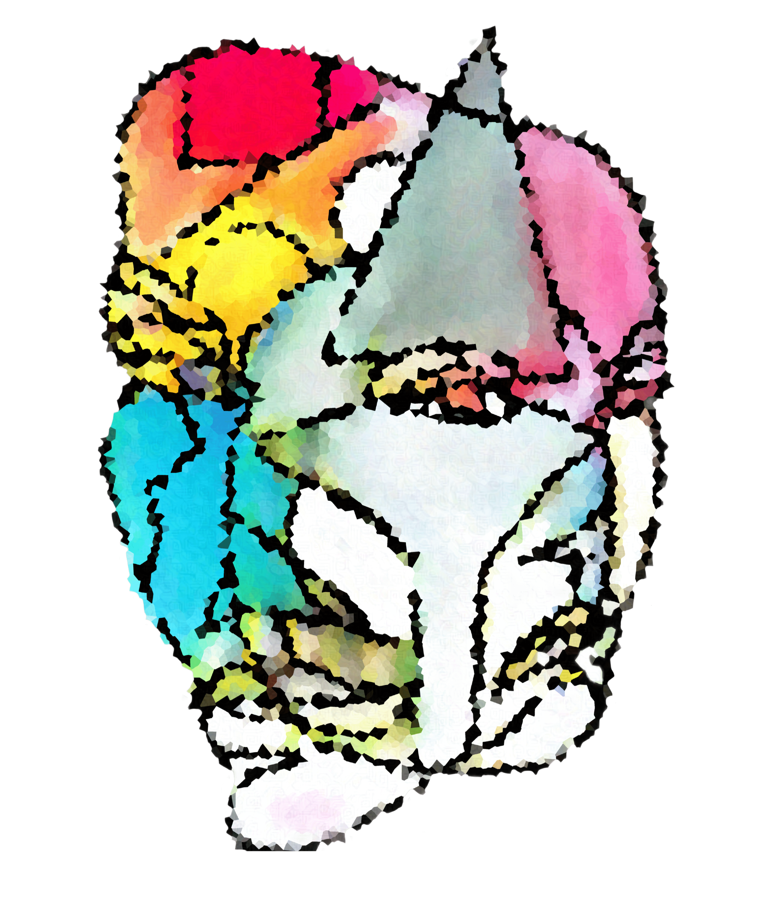 Colorful mosaic of a human heart illustration with black outlines on a black background.