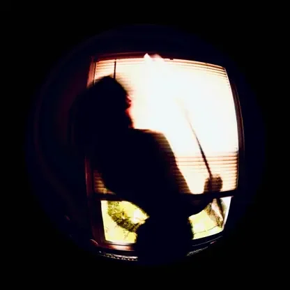 Silhouette of a person standing in front of a window with blinds, holding a stick or rod.