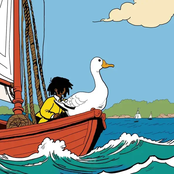 A cartoon illustration of a boy with black hair and a yellow jacket sitting on a boat with a large white goose at the bow. The boat is sailing on blue water with small waves, and there are sailboats and a green island in the background under a partly cloudy sky.