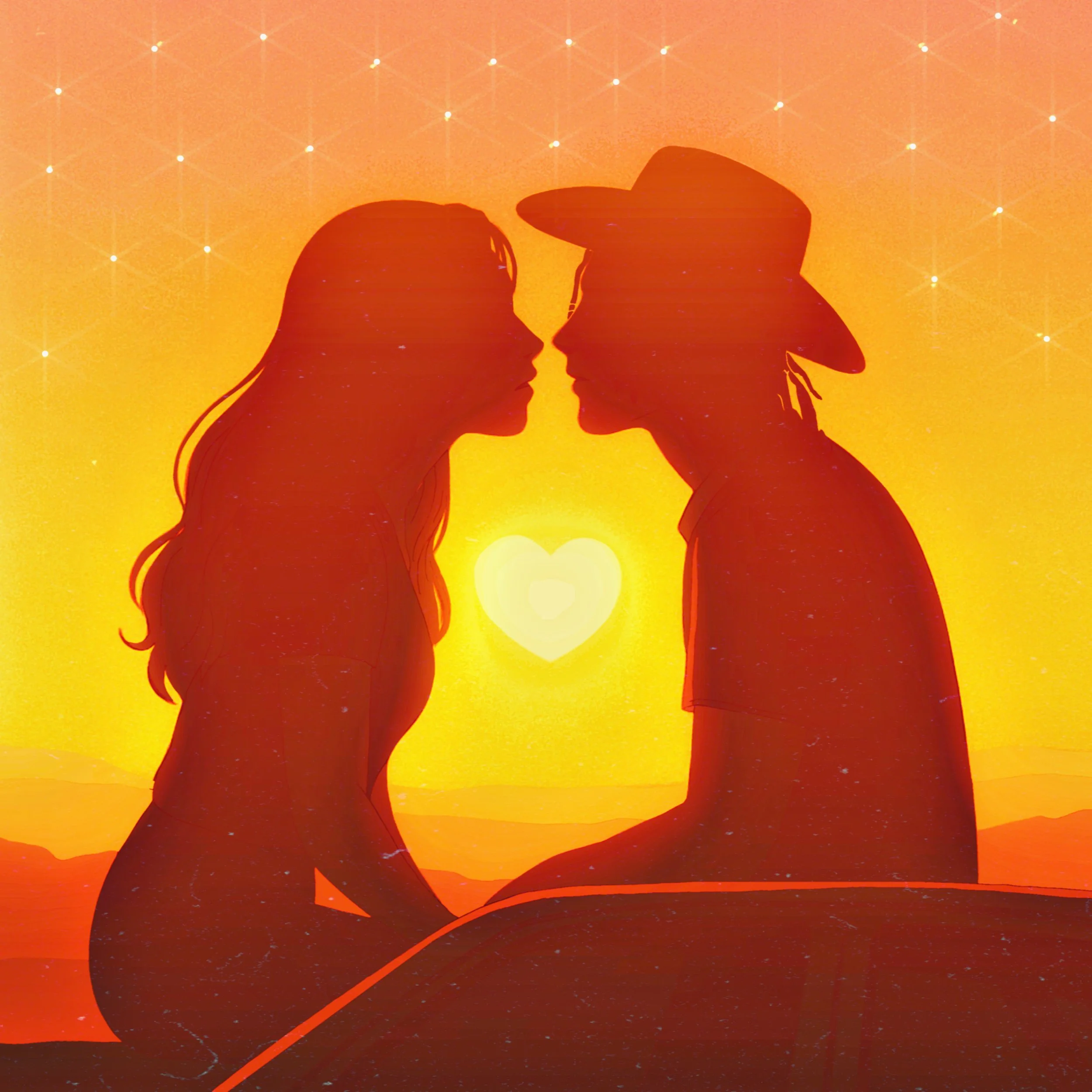 Silhouette of a man and woman facing each other at sunset, with a heart shape glowing between them in a desert landscape.