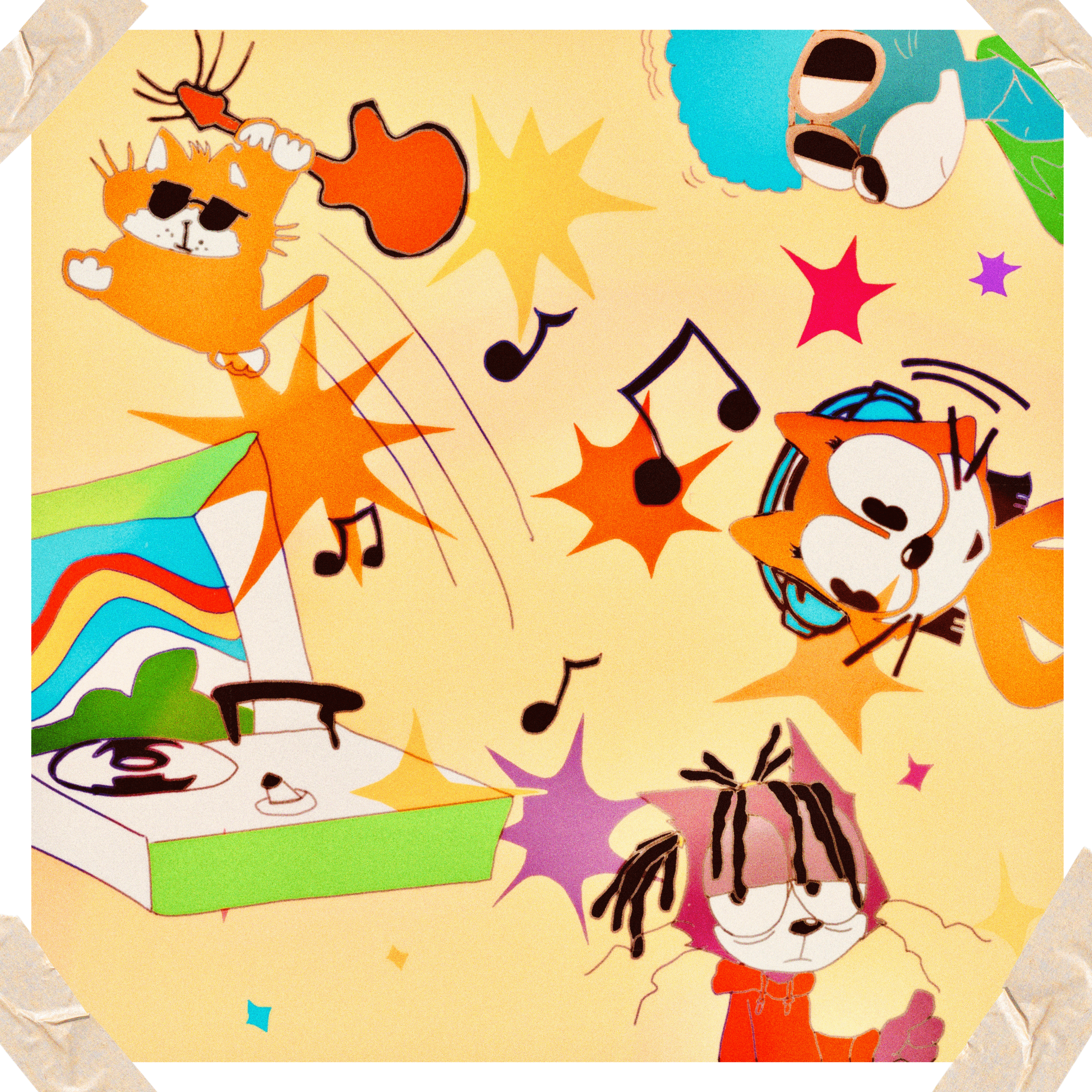 Cartoon cats dancing and playing music with colorful stars, musical notes, a record player, and a rainbow flag on a yellow background.