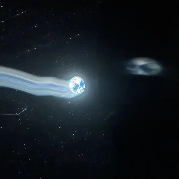 Artwork depicting Earth being hit by a large cosmic object, surrounded by space with stars.