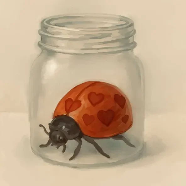 Illustration of a jar with a ladybug carrying a red shell decorated with heart shapes inside.
