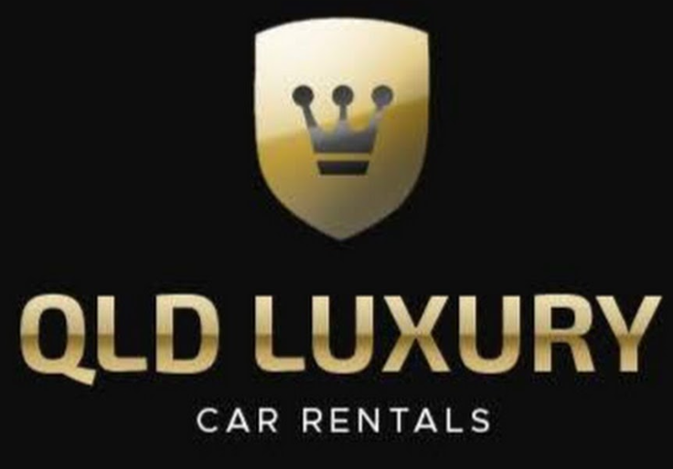 Gold and black logo for QLD Luxury Car Rentals with a shield emblem featuring a crown.
