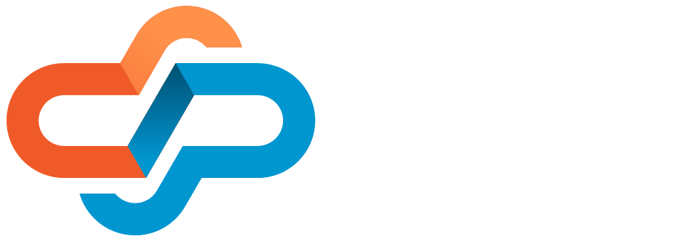 Logo with interconnected orange and blue shapes accompanied by the text "connected platforms" in white and gray.