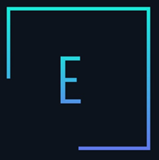 Simple graphic with a dark background and a neon blue letter 'E' surrounded by neon outlines in the corners.