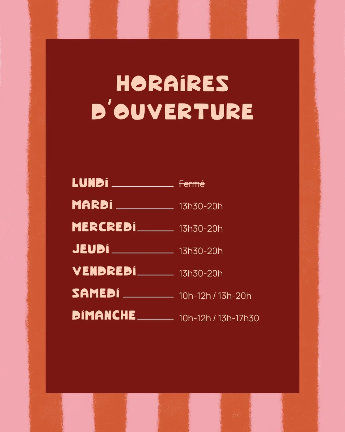 Petit recap&rsquo; des horaires d&rsquo;ouverture pendant l&rsquo;ann&eacute;e scolaire 💌 

Les cours de crochet seront d&eacute;sormais propos&eacute;s le mercredi et le vendredi, le club mailles continue tous les vendredis soir &agrave; partir de 