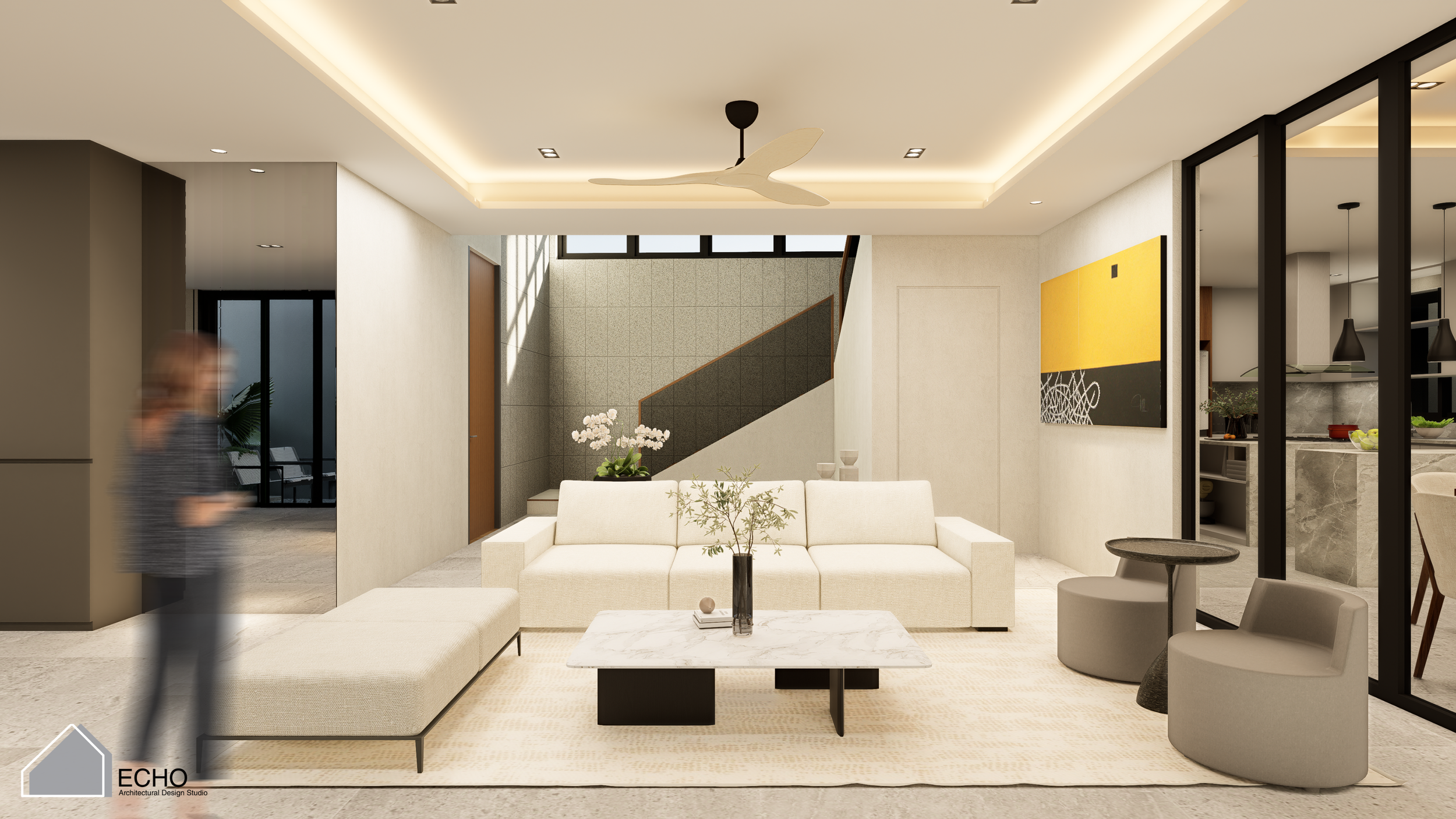 living room area with adobe stone and hidden room for powder room