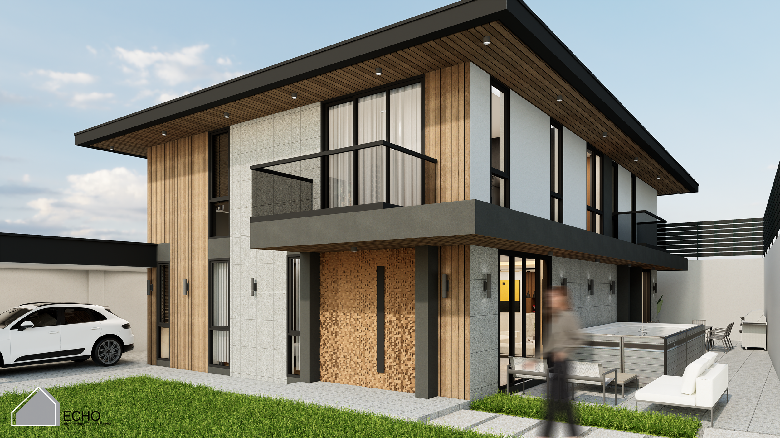 Exterior facade with adobe stone and WPC planks