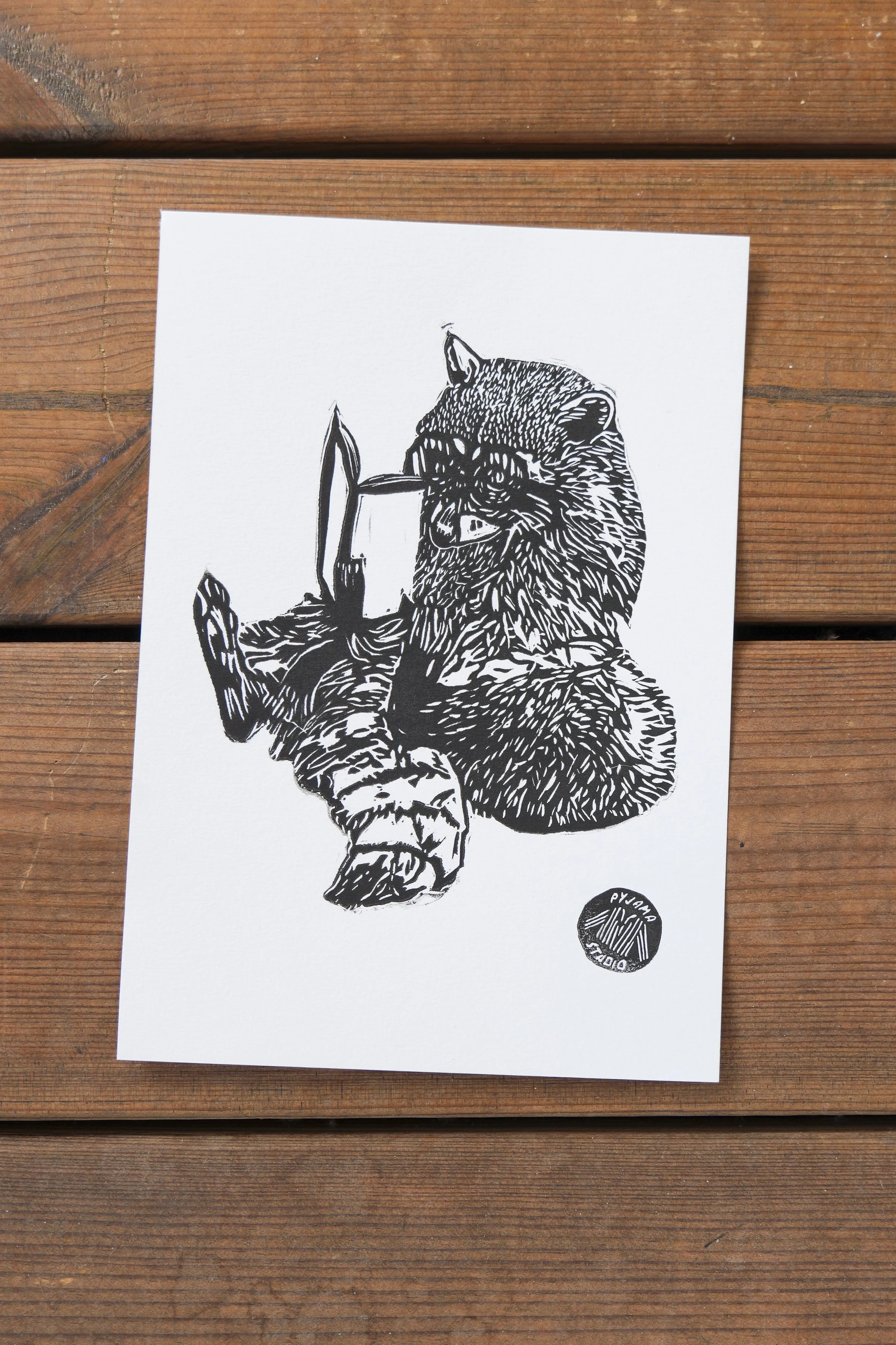 Linogravure raton-laveur Noir et Blanc