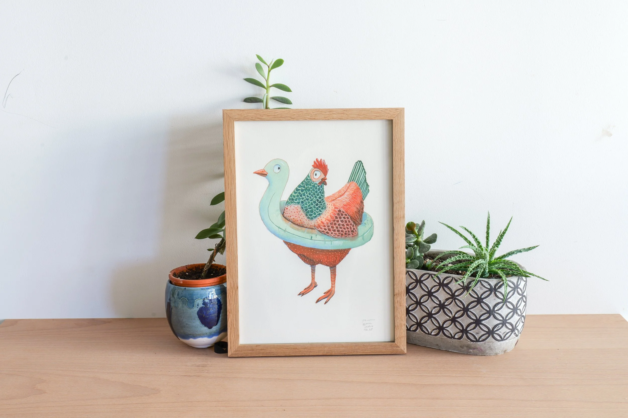 Original - Peinture Gouache Poule Piscine