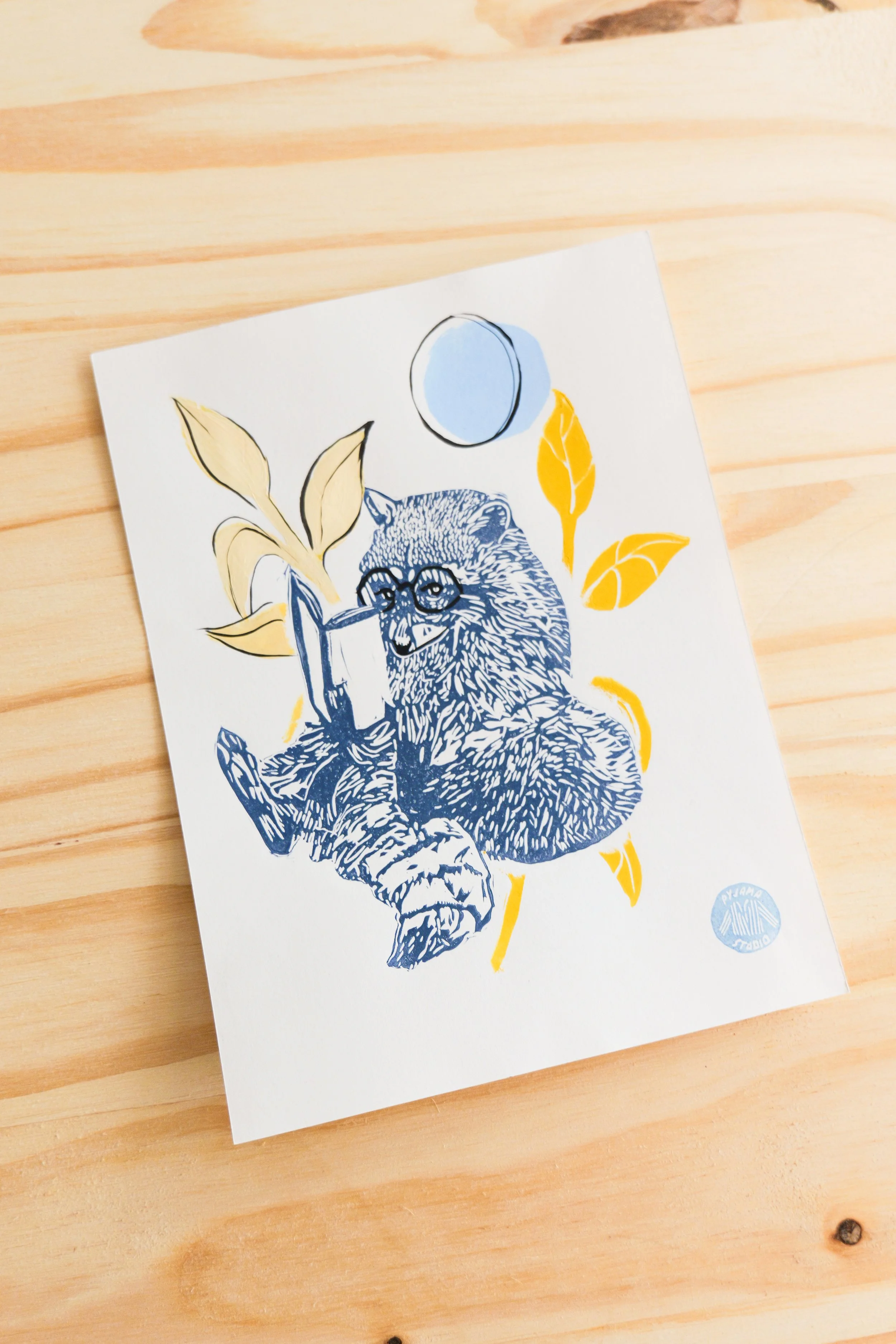 Linogravure colorée raton-laveur