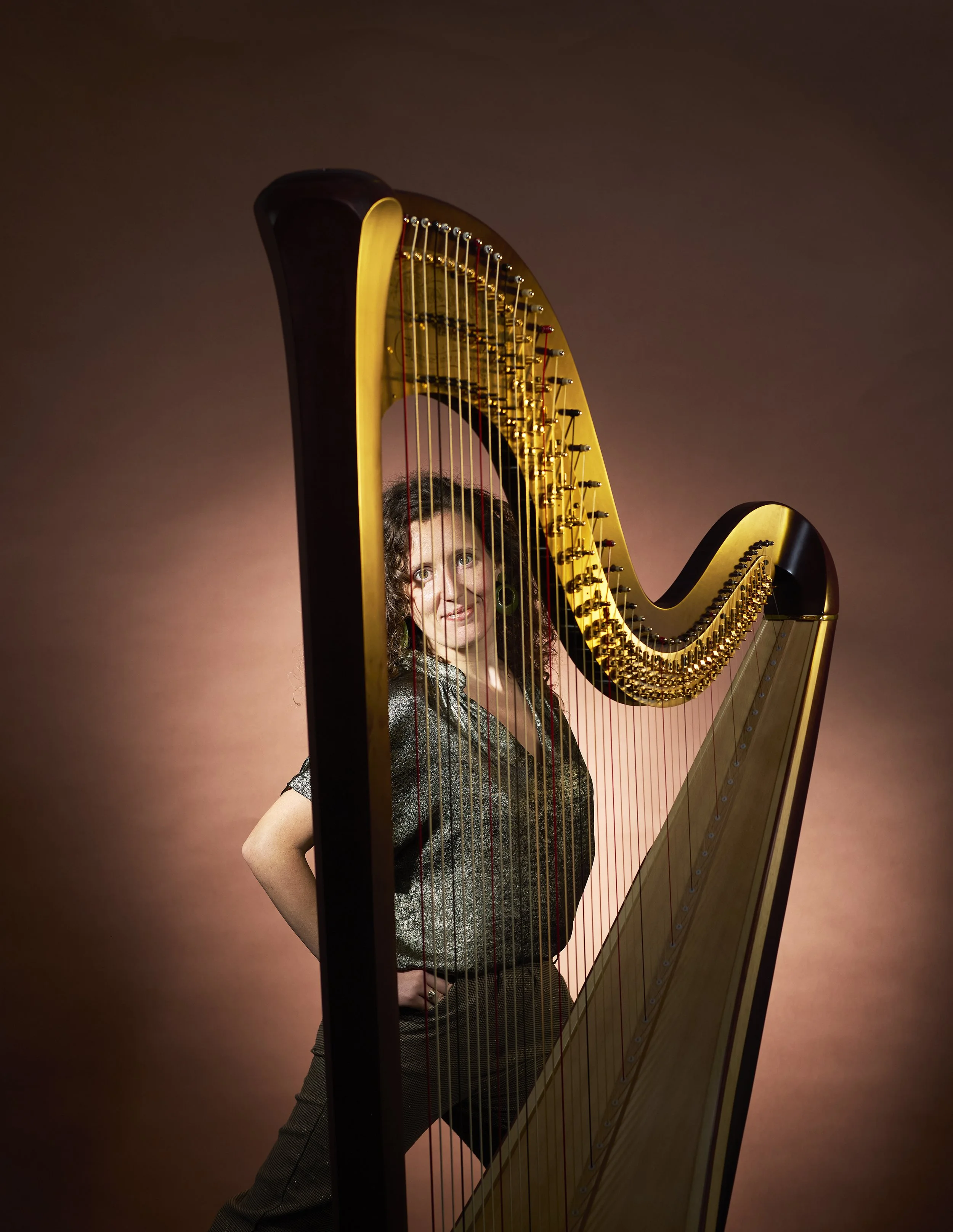 Close-up portrait highlighting the golden mechanics of the concert harp with Louisic Dulbecco on a copper backdrop