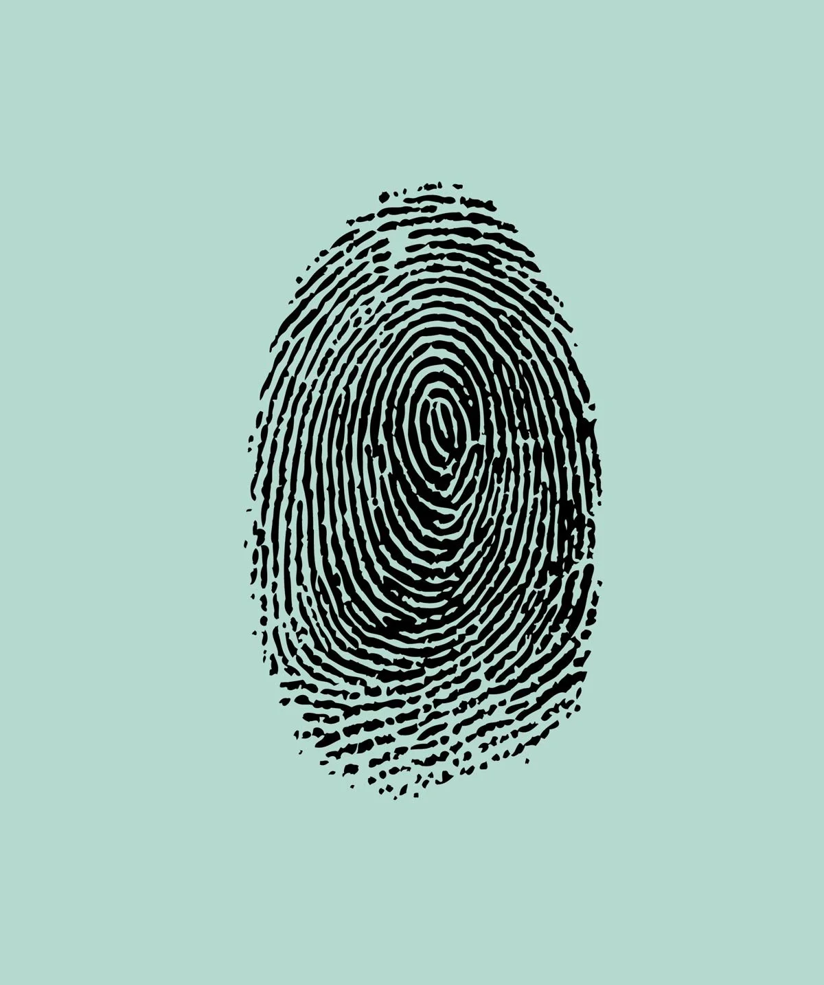 A black ink fingerprint on a light green background.