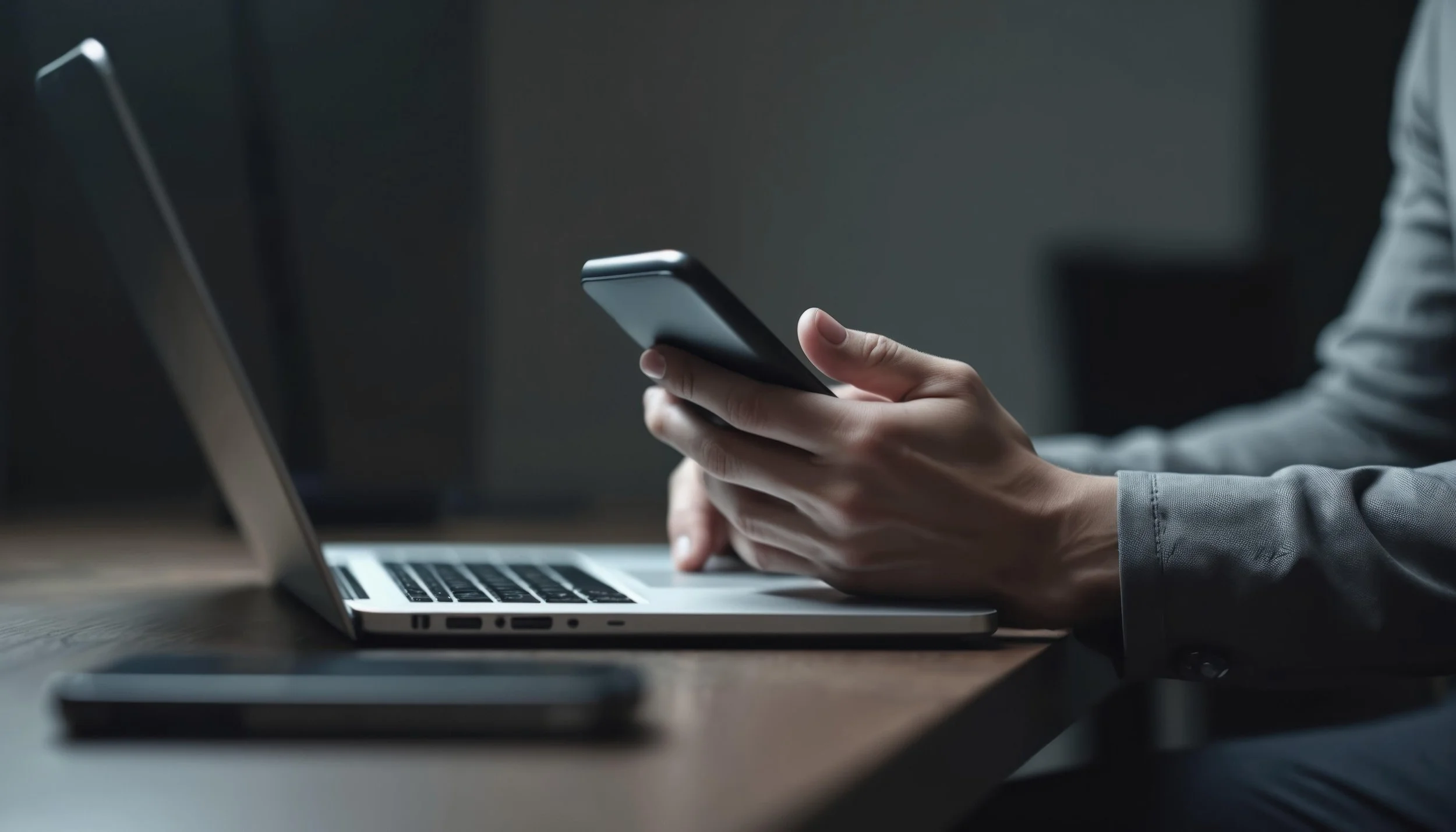 Person using smartphone and laptop – contact Datum Works for joinery and construction enquiries UK