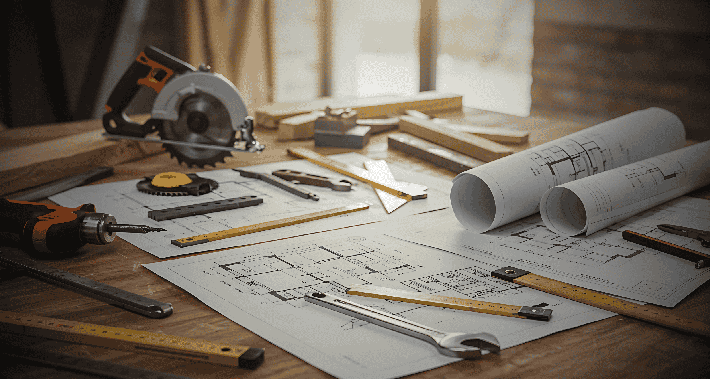 Joinery and carpentry tools with blueprints on a workbench in a workshop